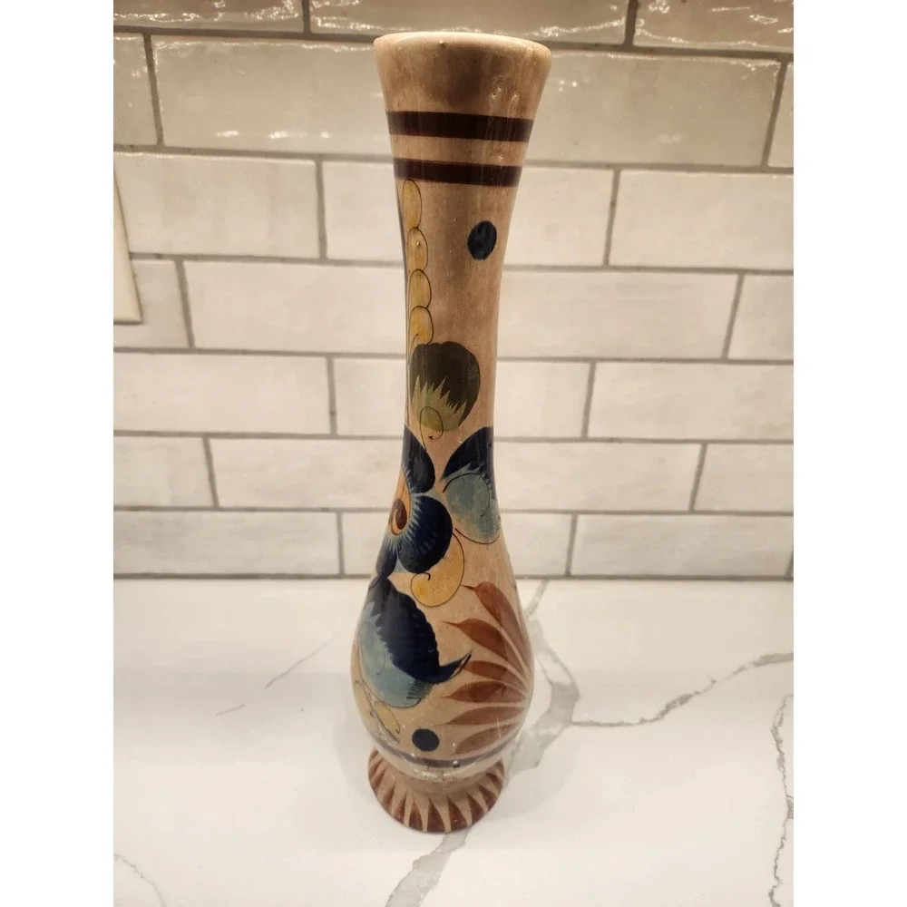 Vtg. Tonala Pottery Vase Hand Painted Mexican Folk Art Flowers Signed 15
